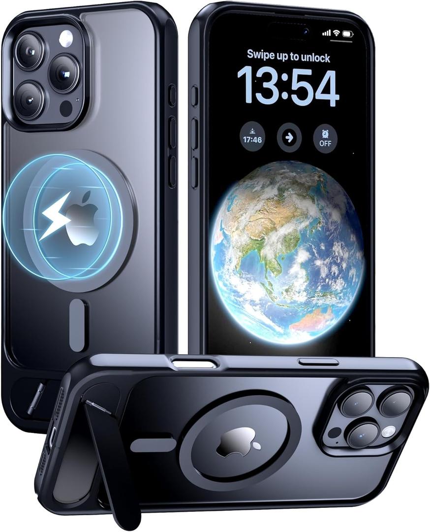 Strong Magnetic Case for iPhone 16 Pro Max, Built-in Invisible Kickstand, MagSafe Compatible, Military Grade Drop Protection, Adjustable Kickstand Phone Case, Slim Translucent Matte Black