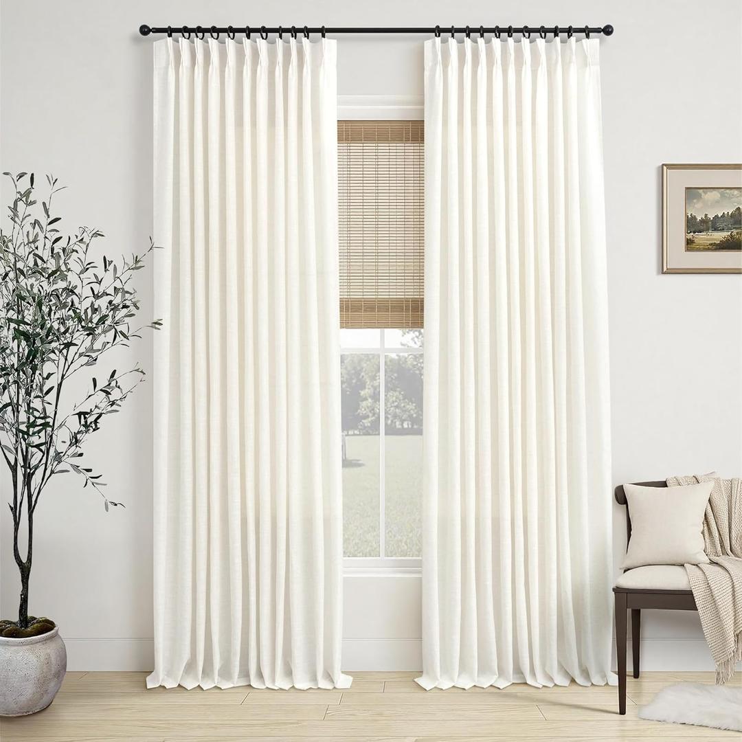 Extra Wide Pinch Pleat Linen Curtains 108 Inches Long 2 Panels for Living Room Sliding Patio Door 70 Inch Wide Boho Semi Sheer Floor to Ceiling Curtain Cream Ivory Pleated Drape 70x108 Large Window