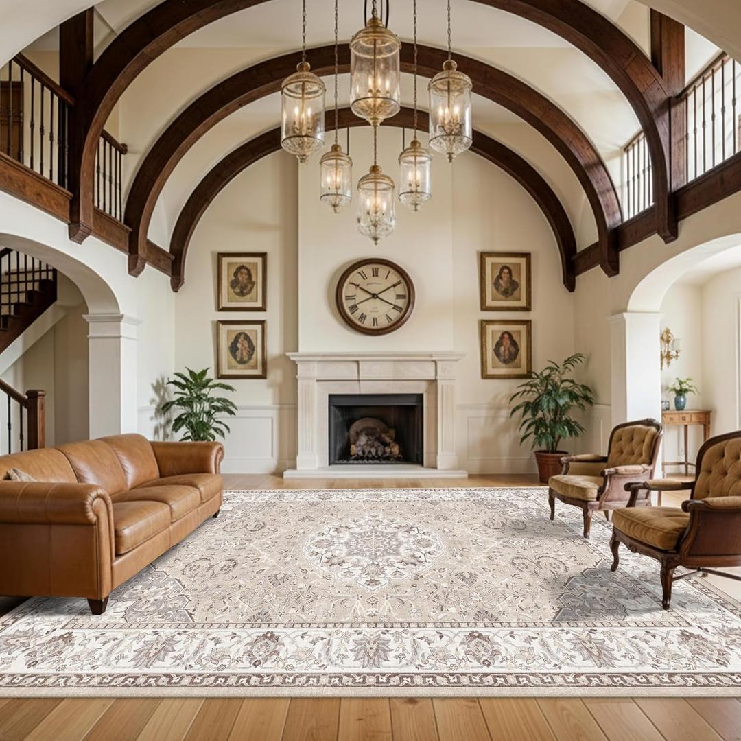 12x15 Living Room Area Rug: Oriental Large Neutral Bedroom Carpet Soft Distressed Floor Mat with Non-Slip Backing Indoor Ultra Thin Water-Resistant Dining Room Rug Farmhouse Home Decor (12x15 Beige)
