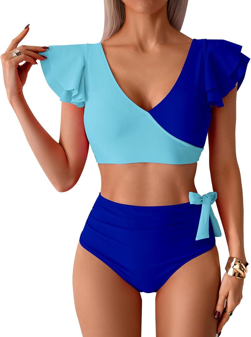 Womens One Piece Swimsuits-Sexy Deep V Neckline Tummy Control Bathing Suit Slimming Mesh Swimwear  (Medium, Light Blue)