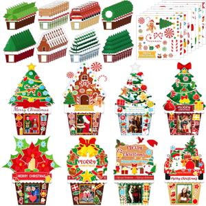 48 Set Christmas Picture Frame Craft Kit DIY Paper Holiday Christmas Crafts Bulk Xmas Tree Flower Pot Gingerbread Stickers for Xmas Party Decorations Classroom Art Project Home Activities