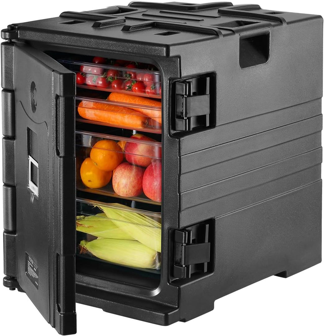 VEVOR Insulated Food Pan Carrier, 95 Qt Hot Box for Catering, LLDPE Food Box Carrier w/Double Buckles, Front Loading Food Warmer w/Handles, Stackable End Loader for Restaurant, Canteen, etc. Black (95 Qt (25.6" x 17.7" x 25"))