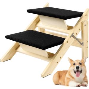 Foldable Dog Stairs/Ramp with 2 Steps - Durable Wooden Pet Stairs for Small, Medium, Large Dogs - Black (No Assembly Required)
