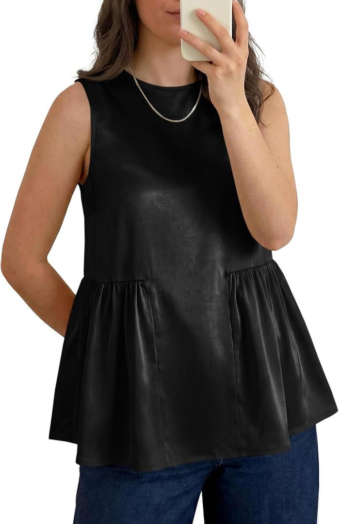 Tankaneo Womens Silk Satin Tank Tops Summer Dressy Casual Babydoll Sleeveless Shirts Peplum Pleated Loose Fit Blouses (Black, L)