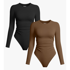 OQQ Womens 2 Piece Bodysuits Crew Neck Long Sleeve Ruched Stretch Fitted Bodysuits Size M