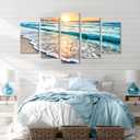 Goldfoilart 5 Pieces Beach Coastal Wall Art Sea Sunset Seascape Pictures Ocean Photography Canvas Large Horizontal Landscape Multi Framed Artwork for Bedroom Living Room Bathroom Wall Decor