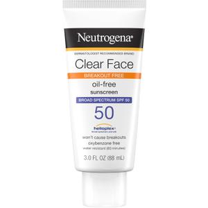 Neutrogena Clear Face Sunscreen Lotion for Acne-Prone Skin, Broad Spectrum SPF 50, Sunscreen for Face & Oily Skin, Oil-,Fragrance- & Oxybenzone-Free, Water Resistant, Matte, Unscented, 3 Fl Oz
