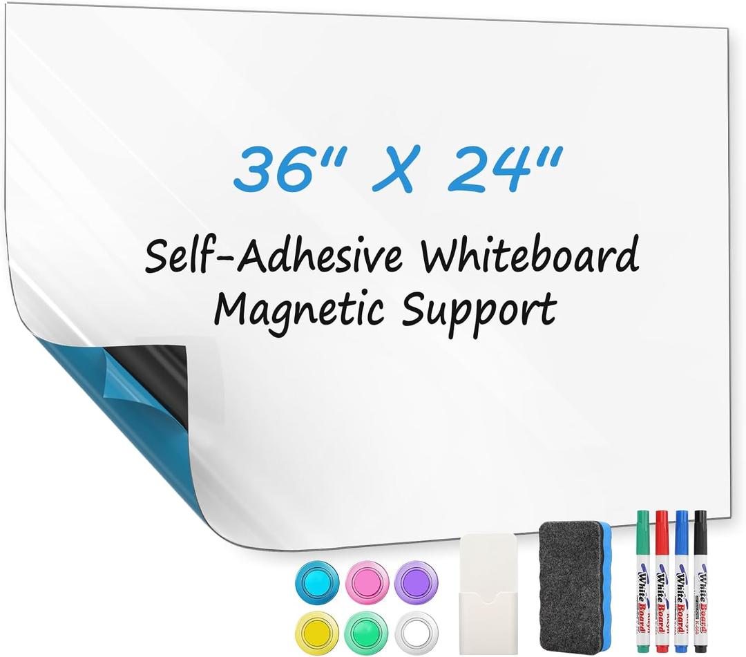 MaxGear 36"x24" Magnetic Whiteboard Sticker for Wall, Self-Adhesive Dry Erase Board with Markers, Magnets, Holder & Eraser, Flexible PET Surface, Easy to Install, for Home Office School