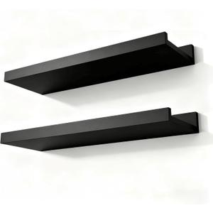 Black Floating Shelves for Wall Decor, Wall Mounted Wood Storage Shelf for Bedroom, Living Room, Bathroom, Kitchen, Nursery, Display Picture Ledge Shelf with Lip Set of 2-14 Inches, Black