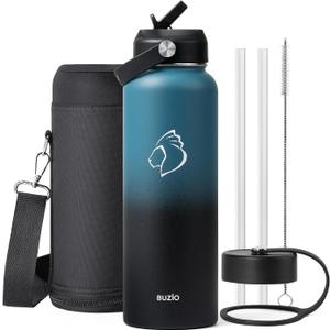 BUZIO Water Bottle with Straw Lid and Flex Cap, 40oz Double Vacuum Stainless Steel Water Flask, Cold for 48 Hrs Hot for 24 Hrs Simple Thermo Canteen Mug, Indigo Black