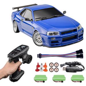 LD1899 1/18 RC Drift Car GTR R34 with 3 Upgraded 1200mah Battery 2.4GHz 150 Brushed Motor Drift RC Car Full Proportional with Gyroscope on-Road Alloy Body Shell Racing for 15+ (Blue)