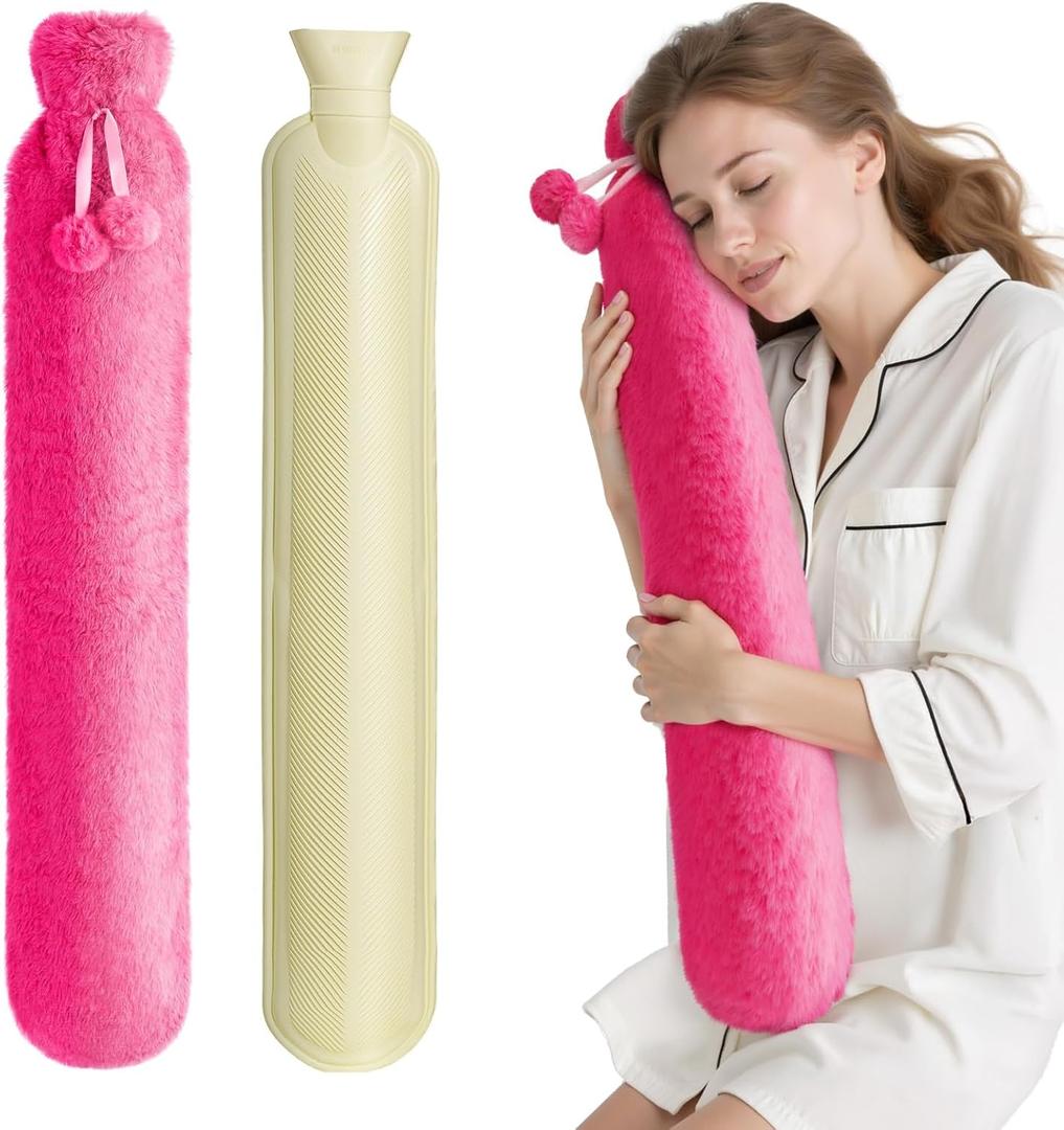 Hot Water Bottle with Cover, 2L Rubber Hot Water Bag with Soft Cover (2 Liter), for Cramps, Compress Pain Relief, Removable Hot Cold Pack (Rose Red)