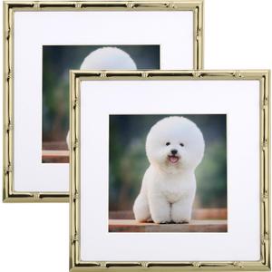 6x6'' Square Metal Picture Frame With Mat - Set of 2, Bamboo Detail Designs Gold Plated Photo Frames 4x4'' With Soft Velvet Backing for Desktop and Wall Decor