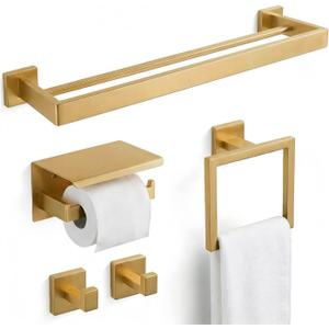 Luxury 5-Piece Bathroom Hardware Set with 23.6" Double Towel Bar and Toilet Paper Holder Shelf, Wall Mounted Bathroom Accessories, Modern Square Design SUS304 Stainless Steel Solid Metal, Brushed Gold