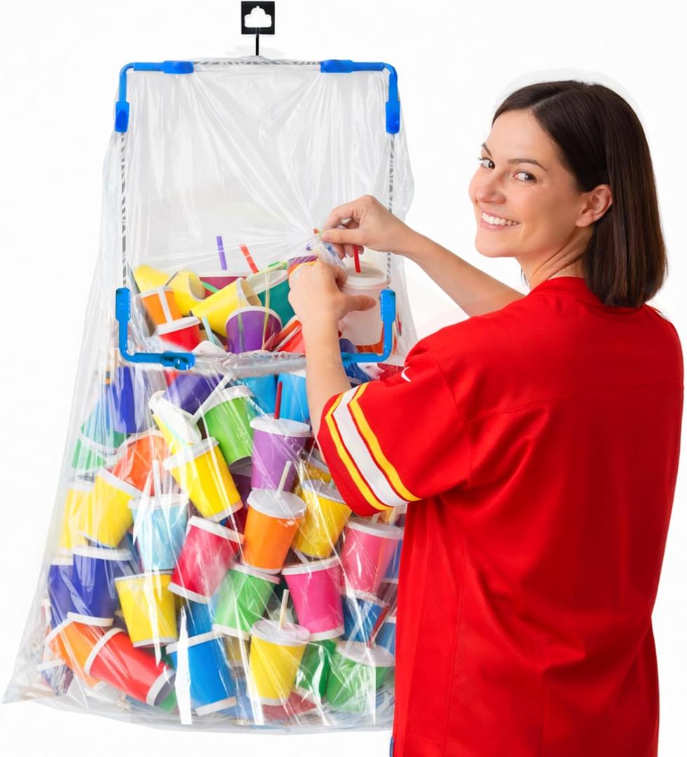 Portable Trash Bag Holder Stand For 20-33+ Gallon Liners. 16x17in Hanging Stand for Waste or Storage & Organization. Garbage can For Home Recycling Camping Picnic Party Boat Car RV or Leaf Collector (Black & Blue)