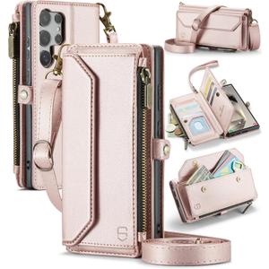Strapurs Wallet Case Compatible with Samsung Galaxy S24 Ultra 5G RFID Blocking 10-Card Holder Soft PU Leather Magnetic Snap Strap Zipper Pocket Phone Case Fit for Galaxy S24 Ultra - Rose Gold