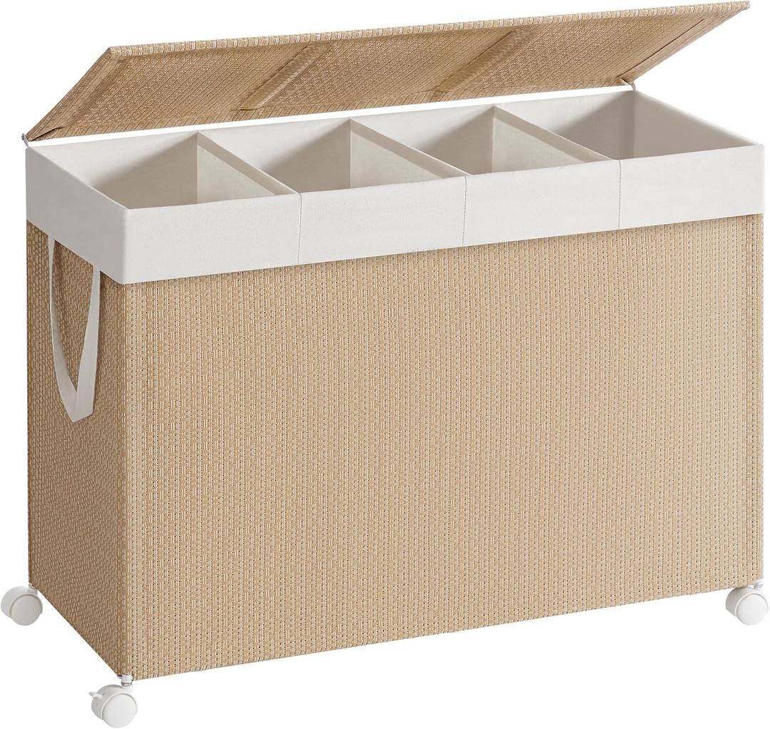 SONGMICS HOME Laundry Hamper with 4 Section, 180 L Large Rolling Laundry Basket with Wheels, Rattan Clothes Basket with Lid, Removable Liner with Handles, Natural Beige and Matte White ULCB603N01