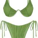 ZAFUL Women's Bikini Sets Ribbed Two Piece Swimsuits Underwire Adjustable Back Clasp Bathing Suit Side Tie Thong Swimwear (Medium, Green)