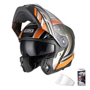 LEM Modular Motorcycle Helmets Fiberglass, Full Face Motorcycle Helmet Flip Up for Touring, DOT Certified, Release Sun Visor & Removable Comfort Liner, Lightweight Street Bike Helmet (Orange, L)