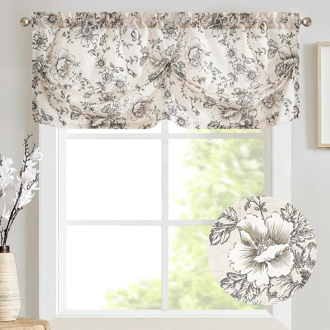 jinchan Linen Pleated Valance Farmhouse Floral Printed Valance for Windows 20 Inch Rustic Scallop Look Decorative Window Topper for Kitchen Living Room Bathroom Light Filtering 1 Panel Black on Beige