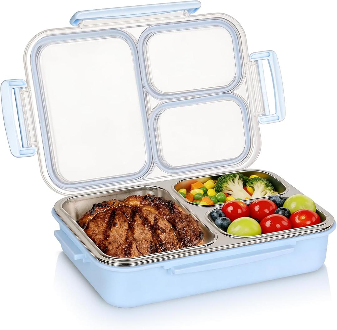 Stainless Steel Bento Box, 3 Compartments Leakproof Stainless Steel Snack Containers, 25 oz Premium 304 Metal Lunch Box for Adults, BPA-Free, Dishwasher Safe (Blue)