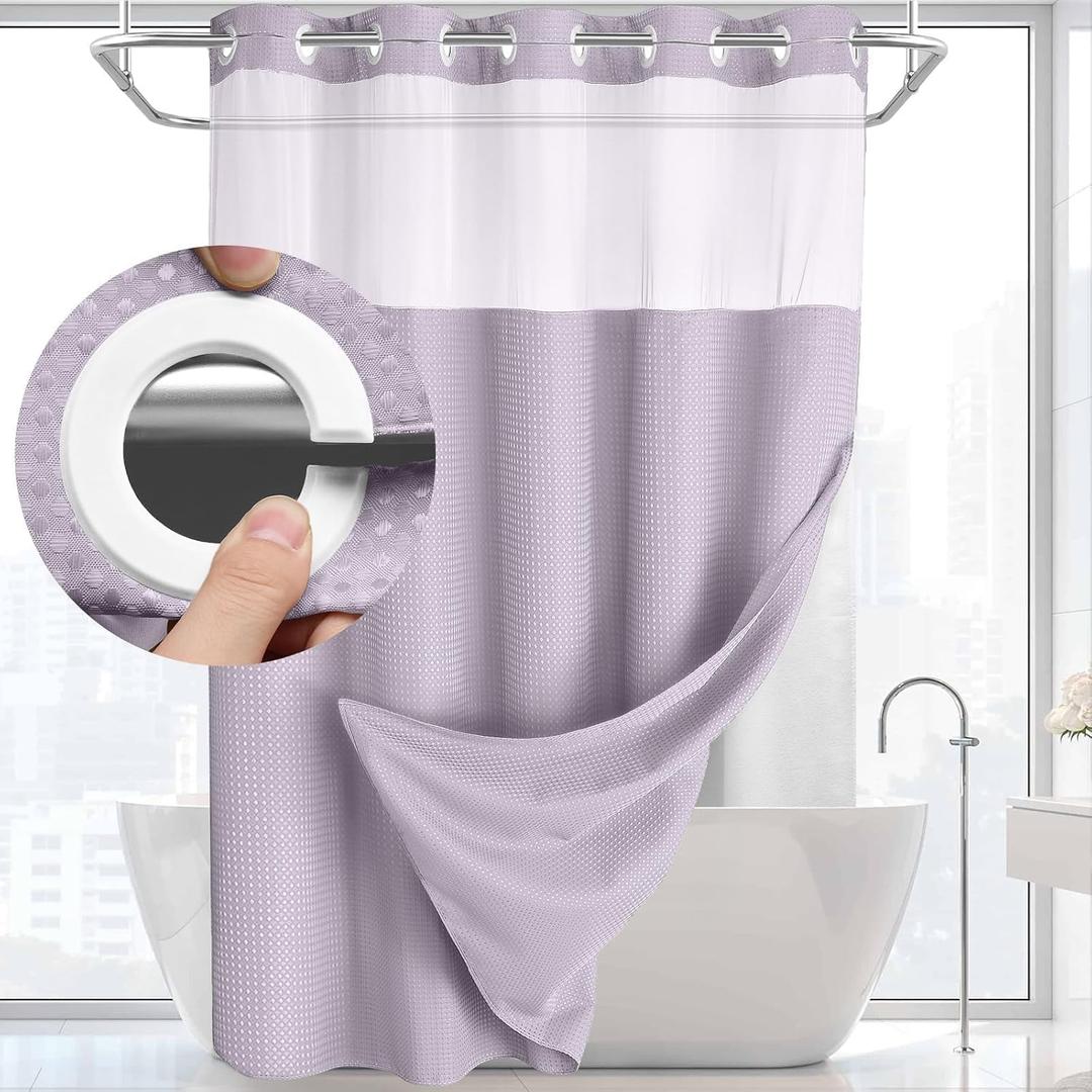 No Hook Shower Curtain with Snap in Liner Set Less Time Waffle Shower Curtain for Bathroom (Lavender, 87" L x 72" W) (Extra Long 87"L x 72"W)