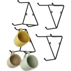 MyGift Matte Black Metal Triangular Coffee Mug Holder Wall Mount Display Rack Mug Organizer with 3 Hooks, Set of 4