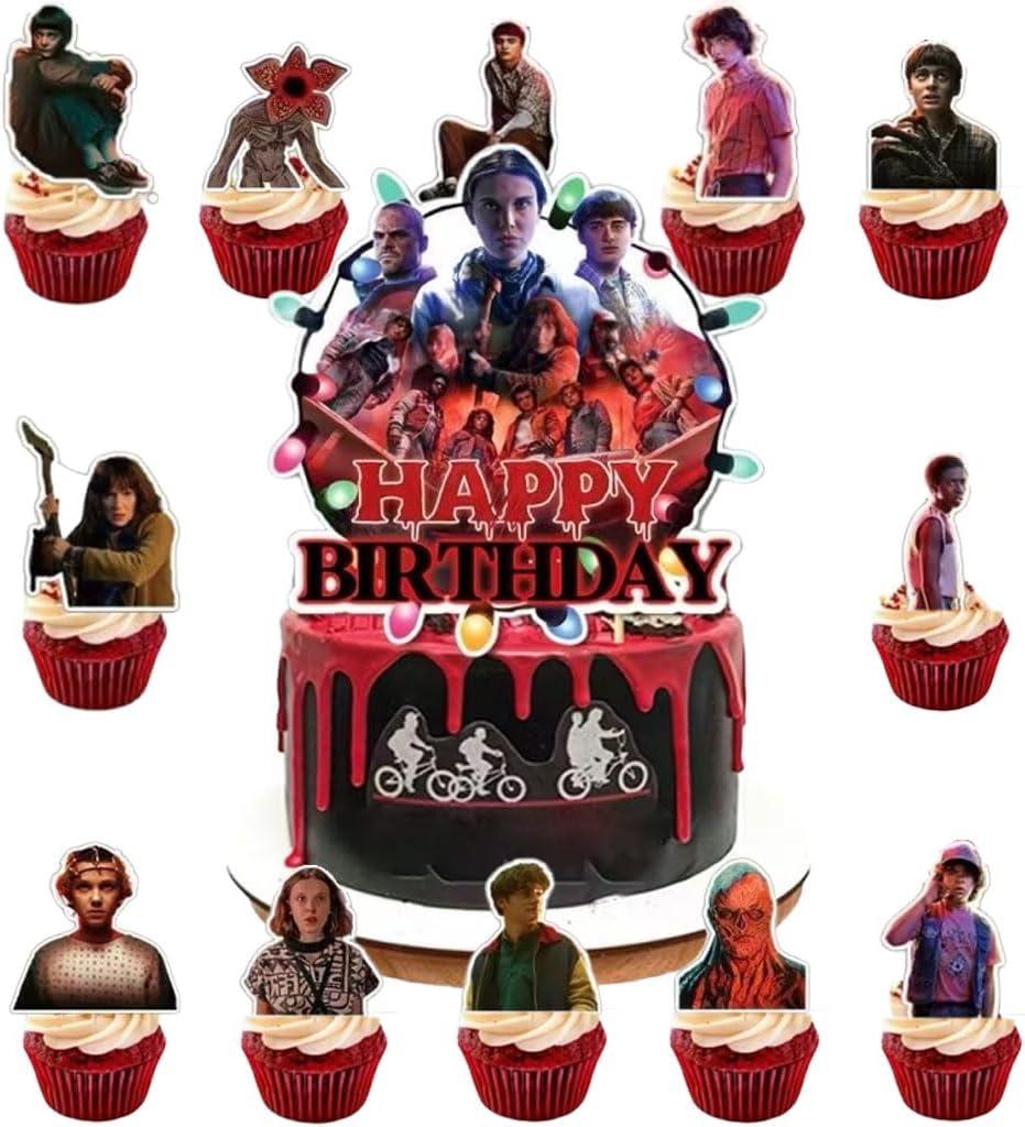13 Pcs Stranger TV Cake Decorations with 12pcs Cupcake Toppers, 1pcs Happy Birthday Cake Topper, Perfect for Theme Party and Birthday Celebrations