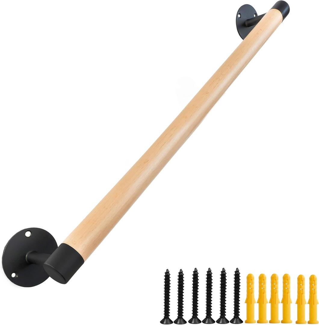 3 FT Wood Grab Bars Wall Mount Hand Rails for Indoor Stairs- Metal Support Wooden Staircase Handrails, Interior Stair Railings, Exterior Steps Banister Hand Railing, Safety Handle for Elderly
