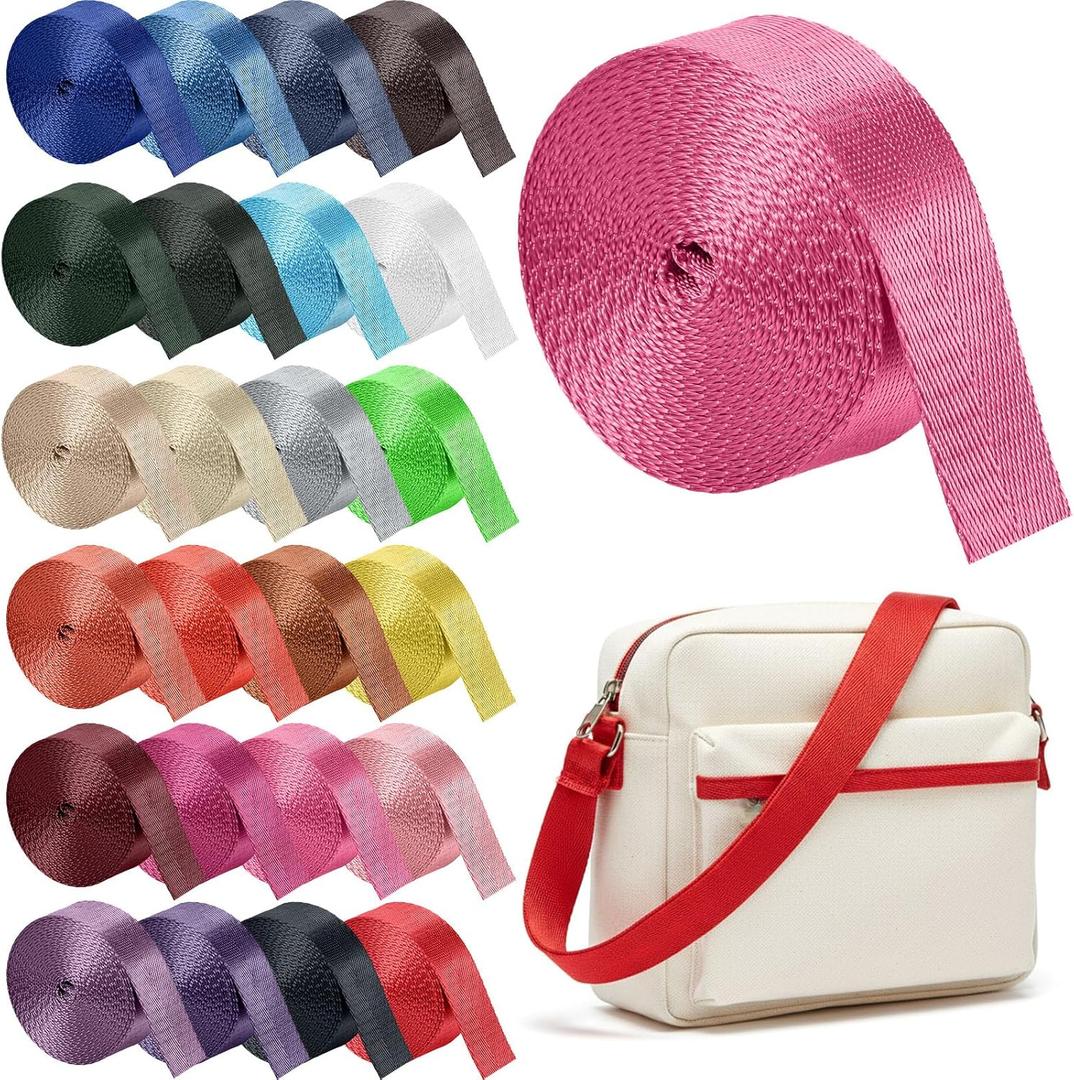 24 Rolls Cotton Webbing Strap - 1 Inch x 3.3 Yard Heavy Duty Webbing Straps, 24 Color Polyester Weaving for DIY Bag Handles, Pet Collars, Gear Repair, Backpack & Crafting