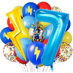 Red Blue Yellow Balloons, 40 Inch Blue 7 balloon number Lightning Bolt Balloon Confetti Balloons for Toy Carnival Party Decorations 7th Birthday Decorations for Boys (Blue 7)