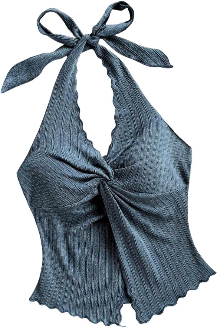QJQ Women's Halter Tops Twist Front Slit Backless Cute Summer V Neck Tank Top Vacation Outfits (Blue, XL)
