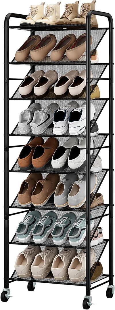 STO STO 8-Tier Narrow Shoe Rack with Lockable Wheels, Double-Sided Vinyl Mesh Shelf Shoe Organizer for Up to 30 Pairs, Slim Space Saving Metal Rolling Shoe Storage for Entryway, Closet, Hallway