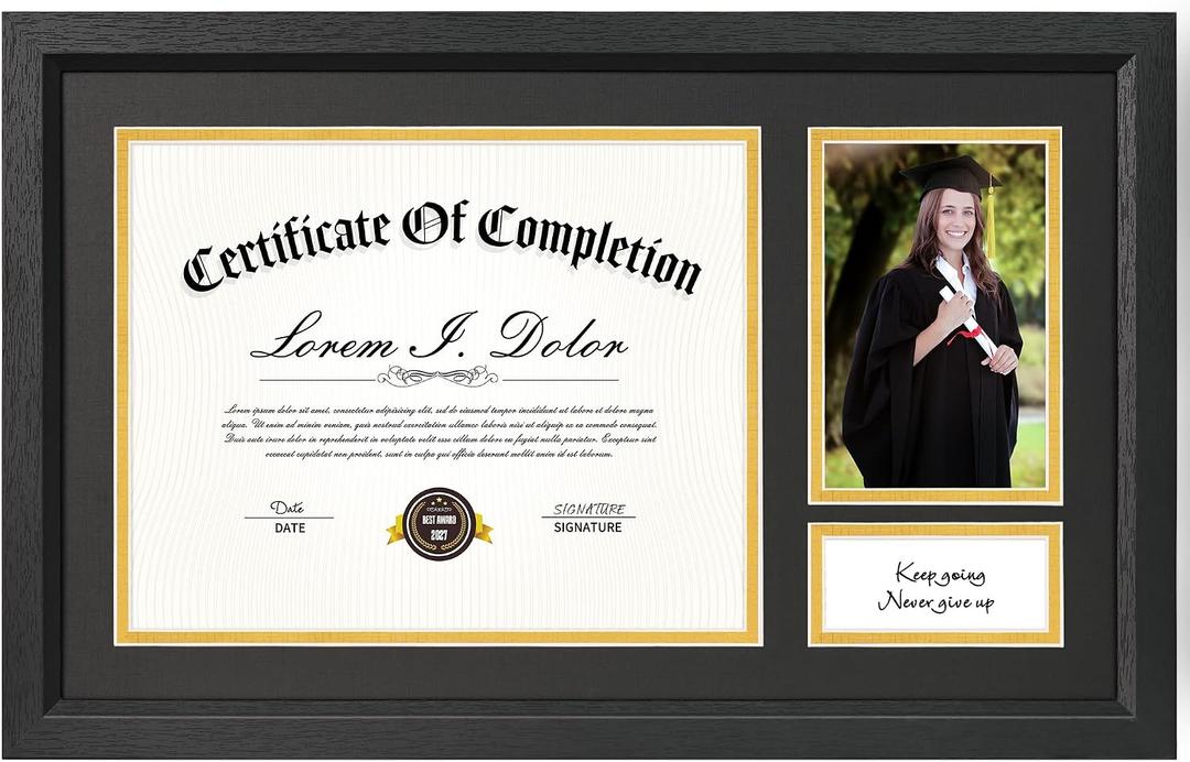 11x18.5 Diploma Frame, Display 8.5x11 Certificate Document and 4x6 Graduation Picture, Graduation Degree Frame with Real Glass and Double Mats, Black Wood Grain