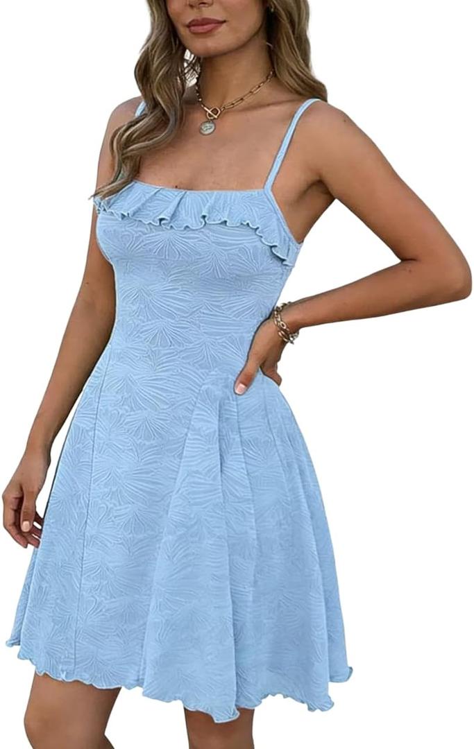 Women Spaghetti Straps Dress Summer Cute Dresses Corset Square Neck Short Flowy Mini Sundresses for Vacation (Blue, L)