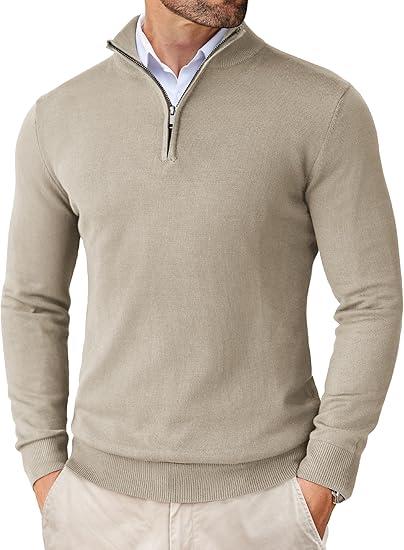 COOFANDY Men's Quarter Zip Up Sweaters Slim Fit Lightweight Mock Neck Pullover Casual Polo Sweaters M, Khaki