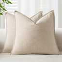 EMEMA Decorative Linen Throw Pillow Covers 24x24 Inch Natural Beige Boho Farmhouse Neutral Couch Throw Pillows for Bed Pack of 2 Accent Pillowcase Modern Sofa Cushion Livingroom Home
