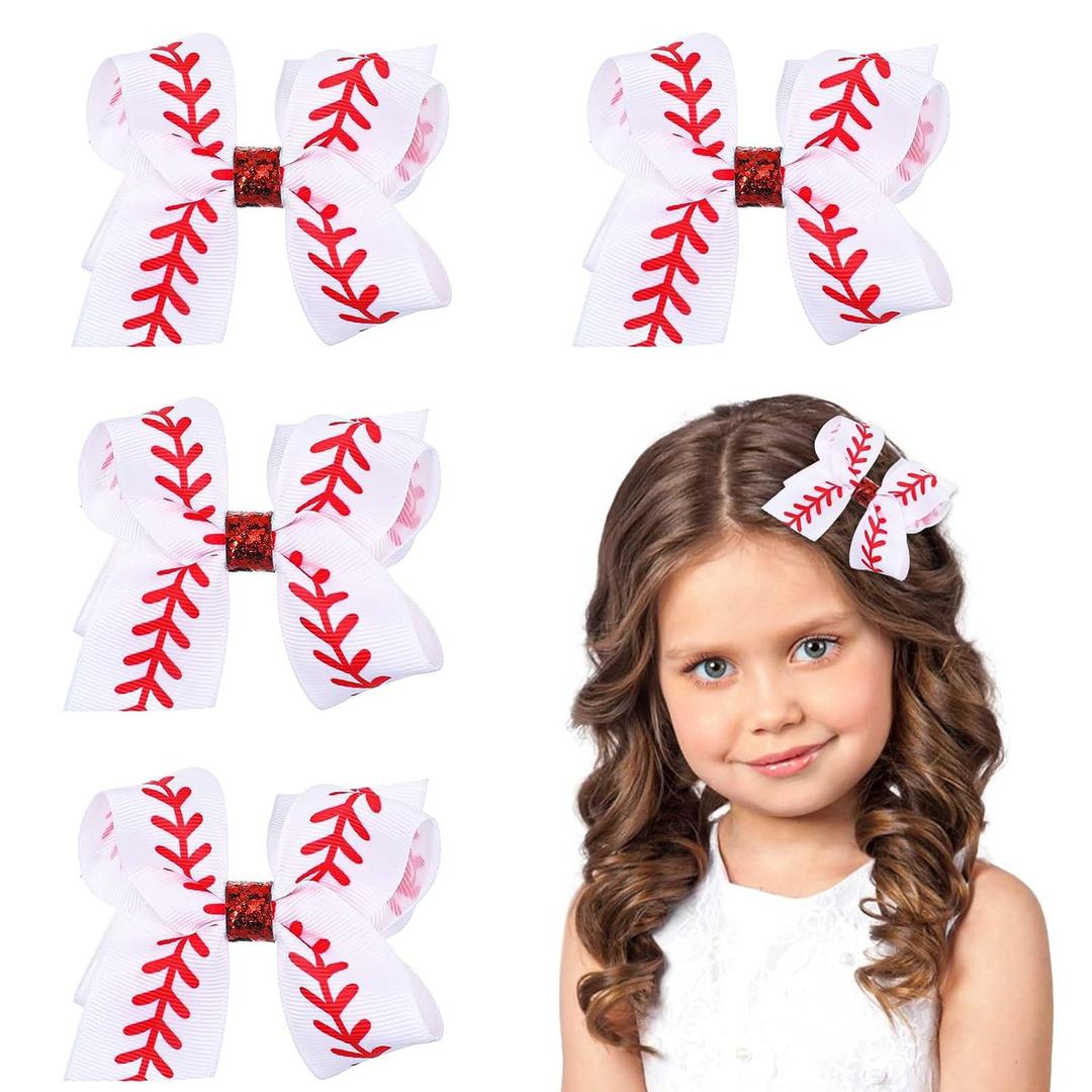 TIESOME 4Pcs Baseball Bow Hair Clips, 4‘’ Baseball Bow Cheer Clip Red White Ribbon Softball Cheer Hair Accessories for Women