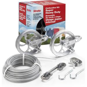 Strata Clothesline Outdoor Super Heavy Duty Kit - 150ft Galvanized Wire Silver PVC Coating, 6.5" Clothes line Pulley 2pcs, Metal Mini Winch Tightener 1pc, Plastic Spreader/Spacer 1pc & 2 Metal Hooks