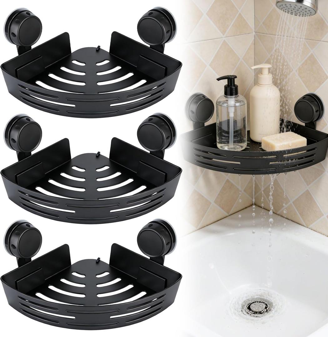 2026 New Triangle Suction Cup Corner Shower Shelf  No Drilling Bathroom Storage Rack with Towel Bar, Adhesive Organizer for Corners, Black, 3Layer Design