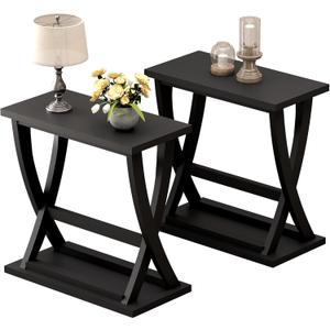 ChooChoo Black End Tables Living Room Set of 2, Narrow Side Table with Storage Shelf, Modern X-Design Slim End Table for Living Room, 11.8" D*23.6" W*23.4" D
