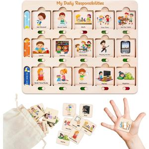 ABCxGOOD Wooden Visual Schedule for Kids Chore Chart, Morning Bedtime Daily Routine Chart for Toddlers, Autism Learning Materials for Homeschool Classroom,76 Wooden Cards.