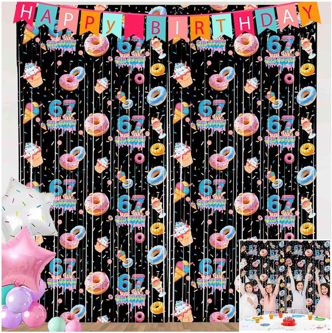 Funny 6 7 Meme Birthday Party Supplies 2 Pack Donut Theme Decorations 3.3x6.6ft Tinsel Foil Fringe Curtains Black Backdrop Streamers Ice Cream Six Seven Photo Decor for Kids