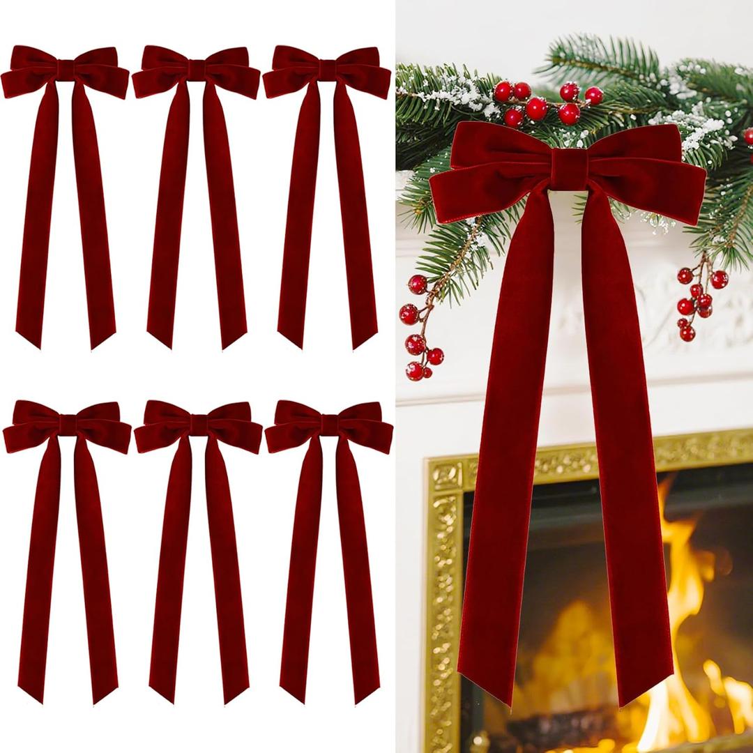 Senjie Velvet Large Christmas Bows for Staircase Garland Wreath, 20in x 8in Vintage Ribbon Bows with Twist Tie for Xmas Tree Holiday Indoor Outdoor Decorations (6Pcs, Burgundy) (20 x 8 Inch, Width of 1.5")