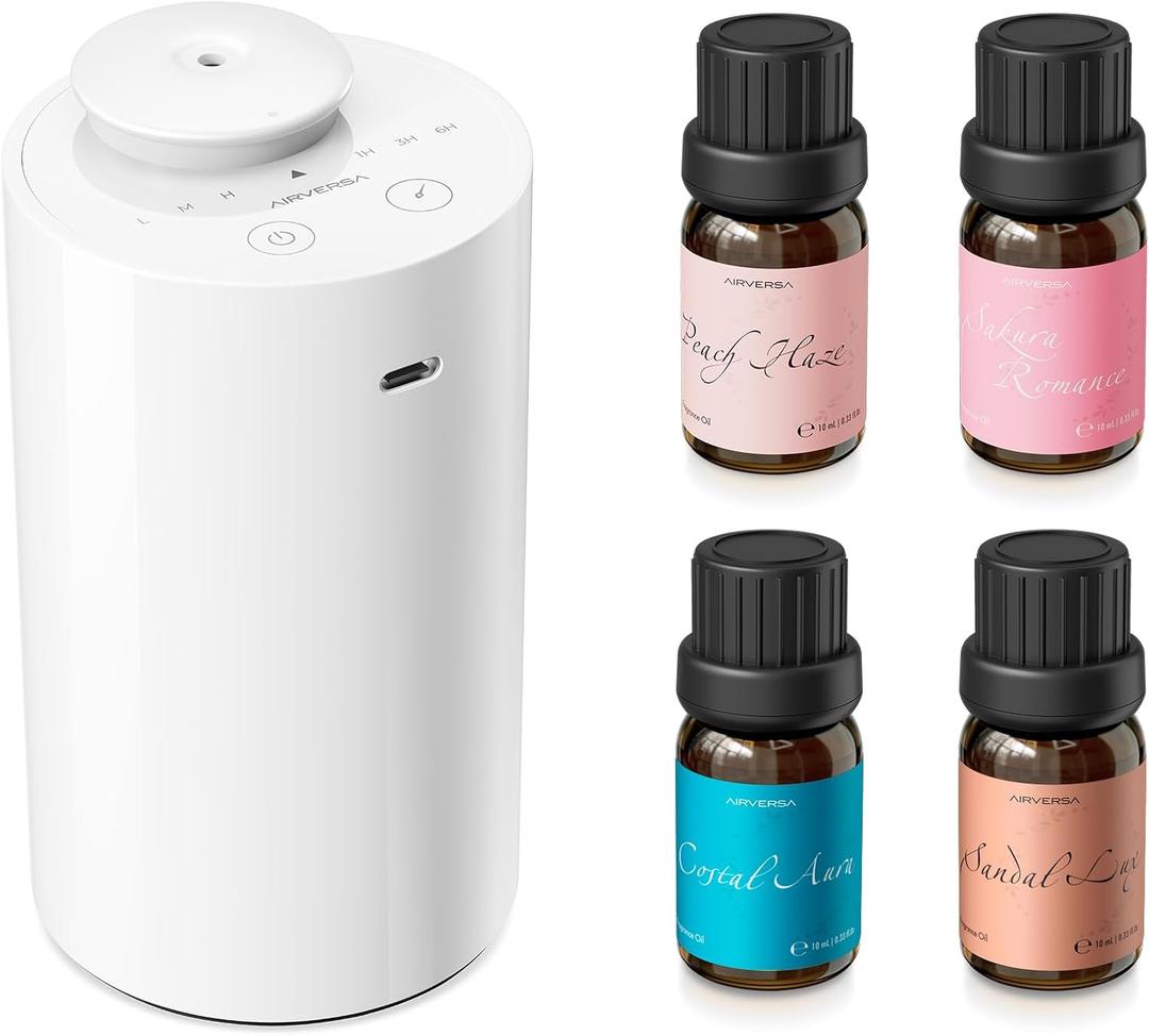 Airversa Waterless Essential Oil Diffuser Starter Kit with 4 x 10mL Fragrance Scent Oil, Battery Operated Mini Scent Air Machine Portable Diffuser for Home Car Office, AN6 White Kit01