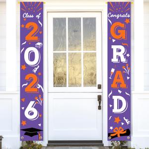 Graduation Porch Banner Class Sign Congrats Grad Hanging Flags High School College University Party Decoration For Front Door Outdoor Purple Orange
