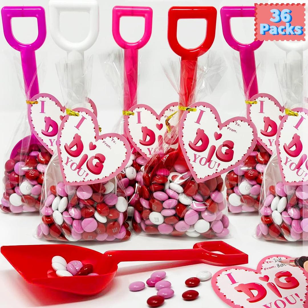 36 Pack Valentine's Day Cards with Plastic Shovels and Bags for Kids School Classroom Exchange, I DIG You Non-Candy Valentine Gifts for Boys Girls, Toddler Winter Holiday Sandbox Toy Party Favors