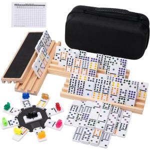 Mexican Train Double 12 Dominoes Set - 91 Tiles with 4 Wooden Trays & Travel Case, Family Board Game for Adults Kids Party Travel