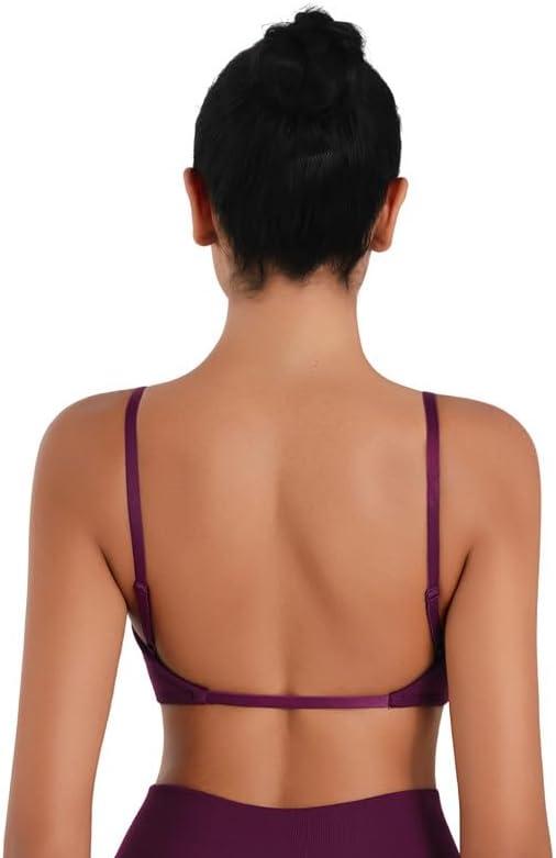 Sunzel Women's Open Back Sports Bra Adjustable Spaghetti Strap Seamless Low Impact Workout Gym Yoga Bra with Removable Pads (Purple, Small)