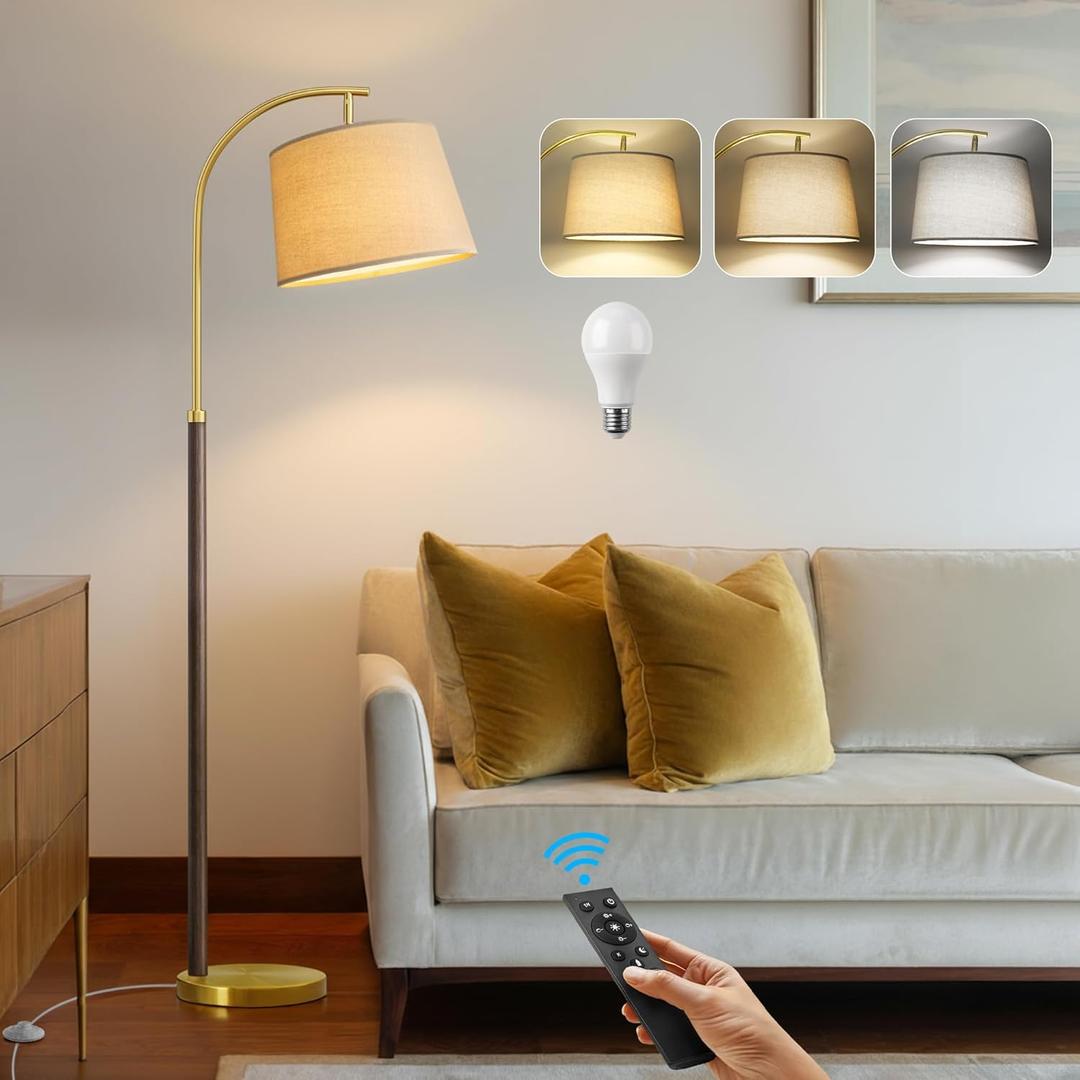 63" Wood Floor Lamp for Living Room Dimmable Standing Lamp with Remote & Foot Switch, 3 Color Temperatures Tall Lamp Mid Century Modern Floor Lamp for Bedroom Office, 9W Bulb Included, Walnut Brown